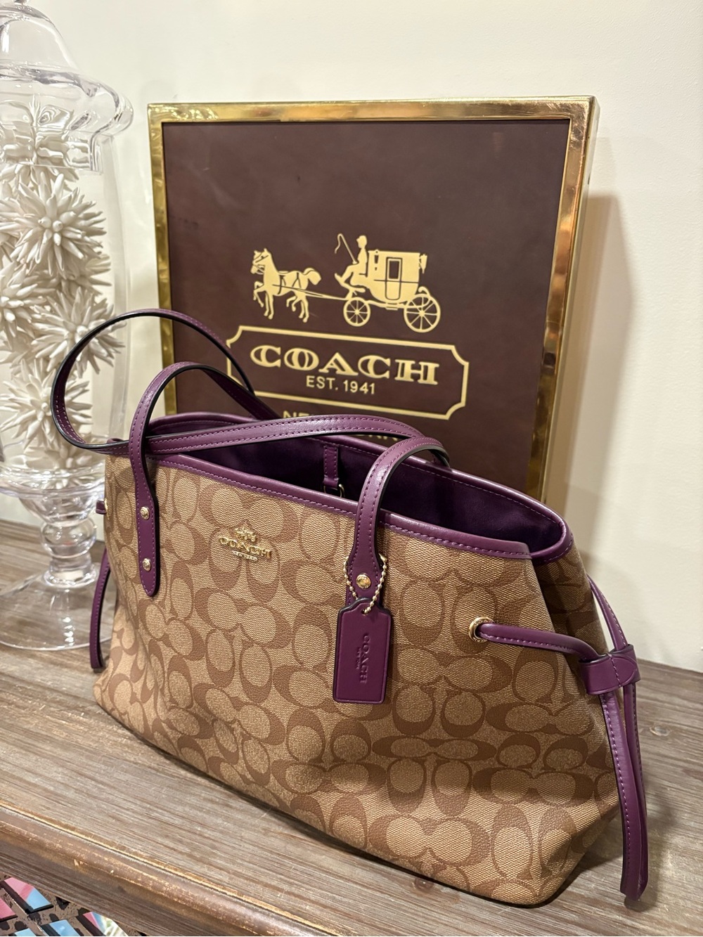 Coach Tan Signature Canvas Shoulder Bag with Purple Trim
